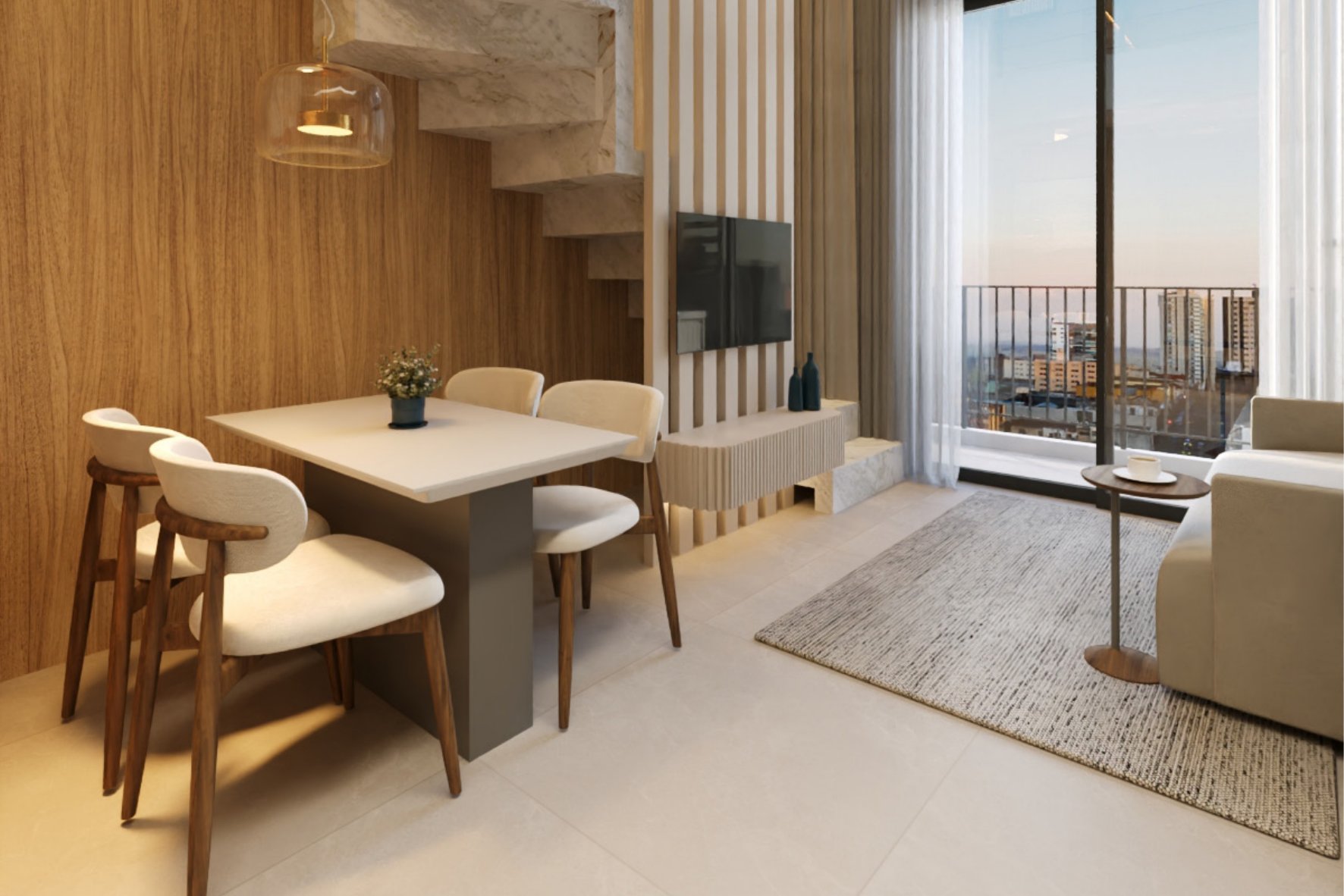 Interior do loft com sala e cozinha integradas